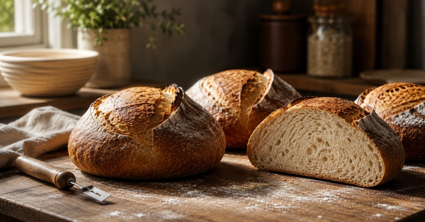 Fresh sourdough loaves on a wooden table, one sliced to show the open crumb